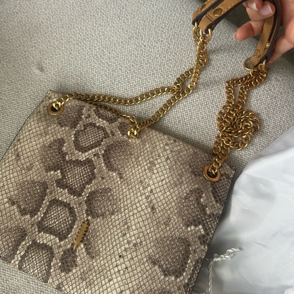 Snake-Print Chain Shoulder Bag in Beige
